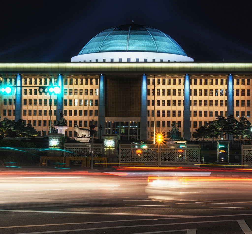 Korean national assembly hall at night in Seoul, South Korea.